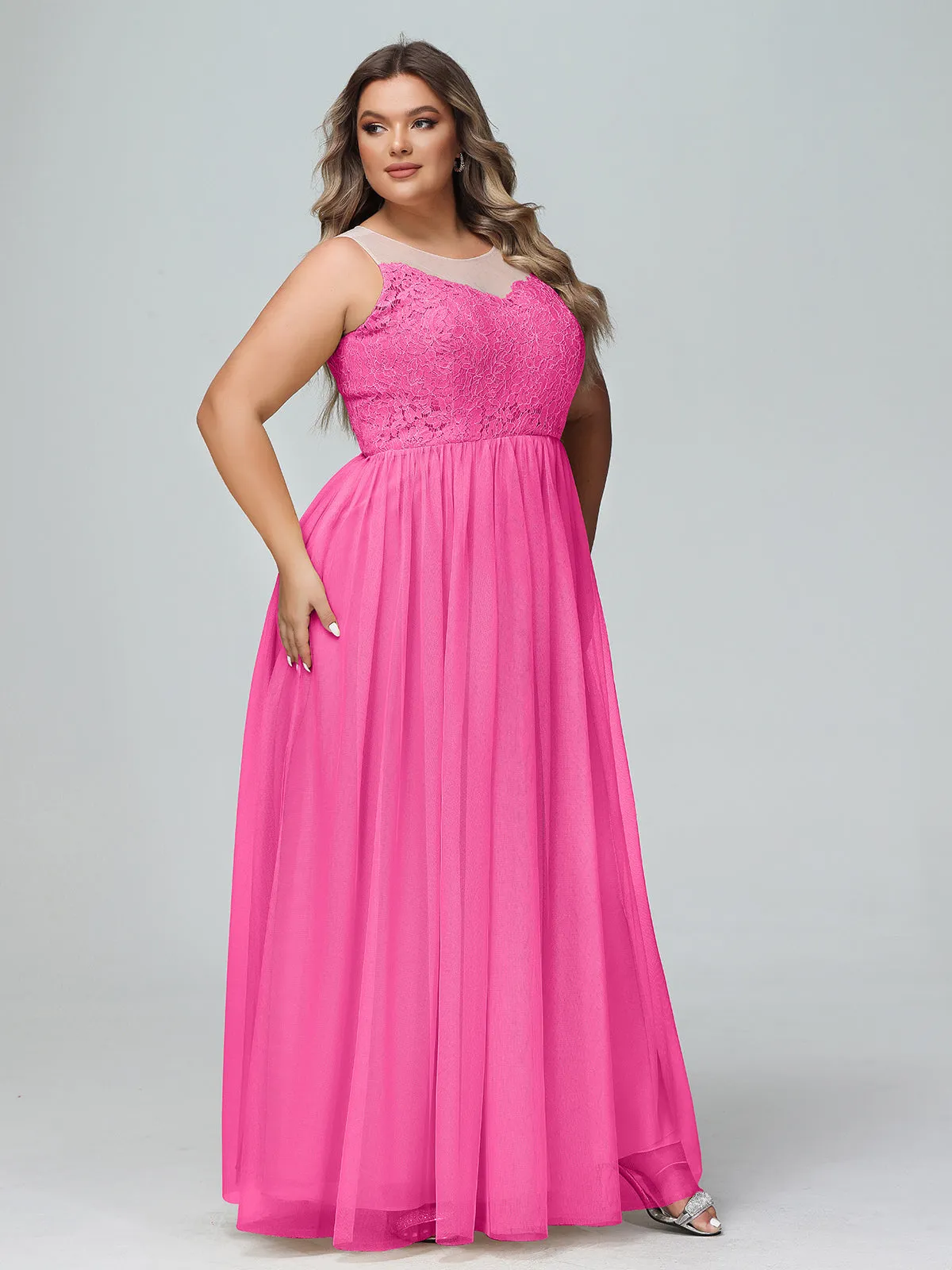 Illusion Neckline Lace and Tulle Maxi Dress-Azalea Plus Size