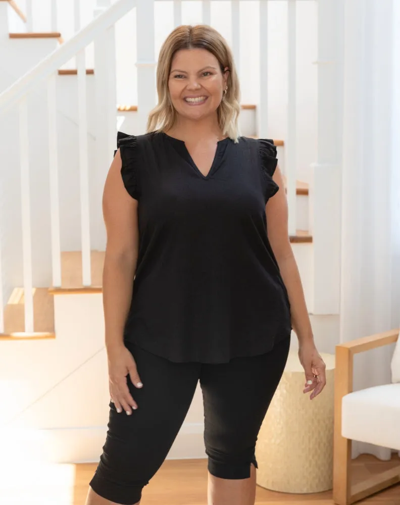Isla Frill Blend Linen Top - Black