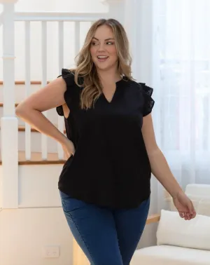 Isla Frill Blend Linen Top - Black