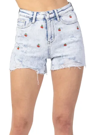 Judy Blue Cherry Embroidery Acid Wash High Rise CutOff Shorts