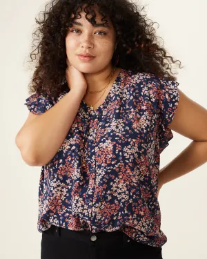 Keira Ruffled Button-Front Top | Navy / Mauve