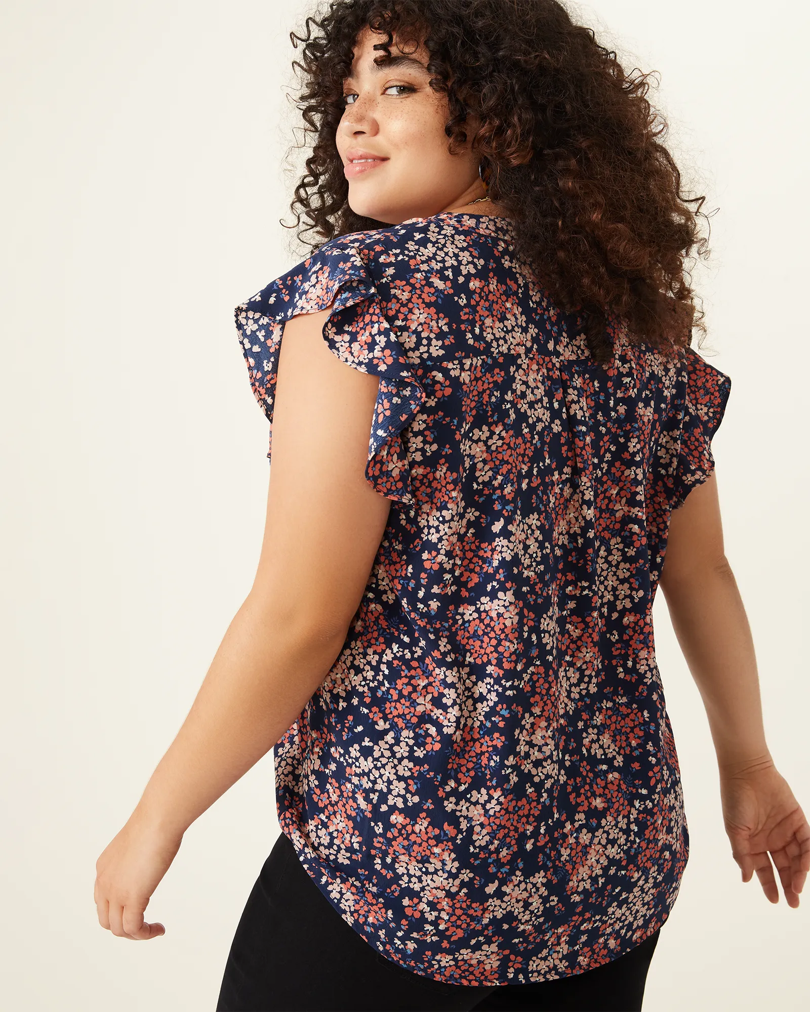 Keira Ruffled Button-Front Top | Navy / Mauve