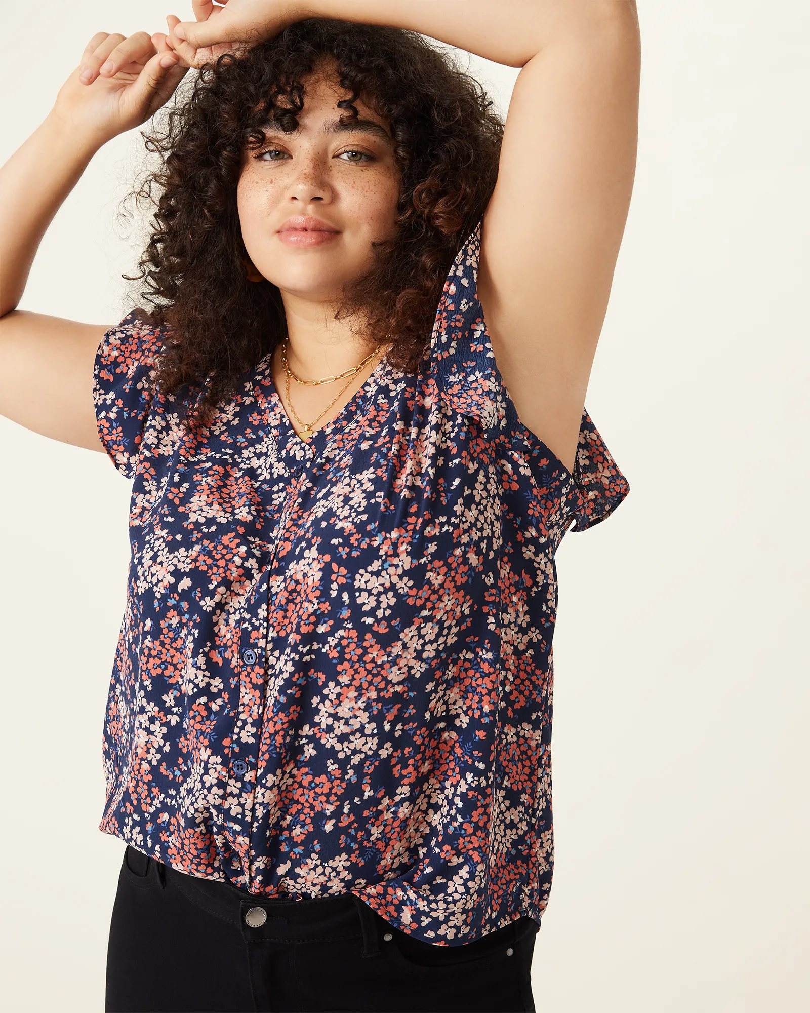 Keira Ruffled Button-Front Top | Navy / Mauve