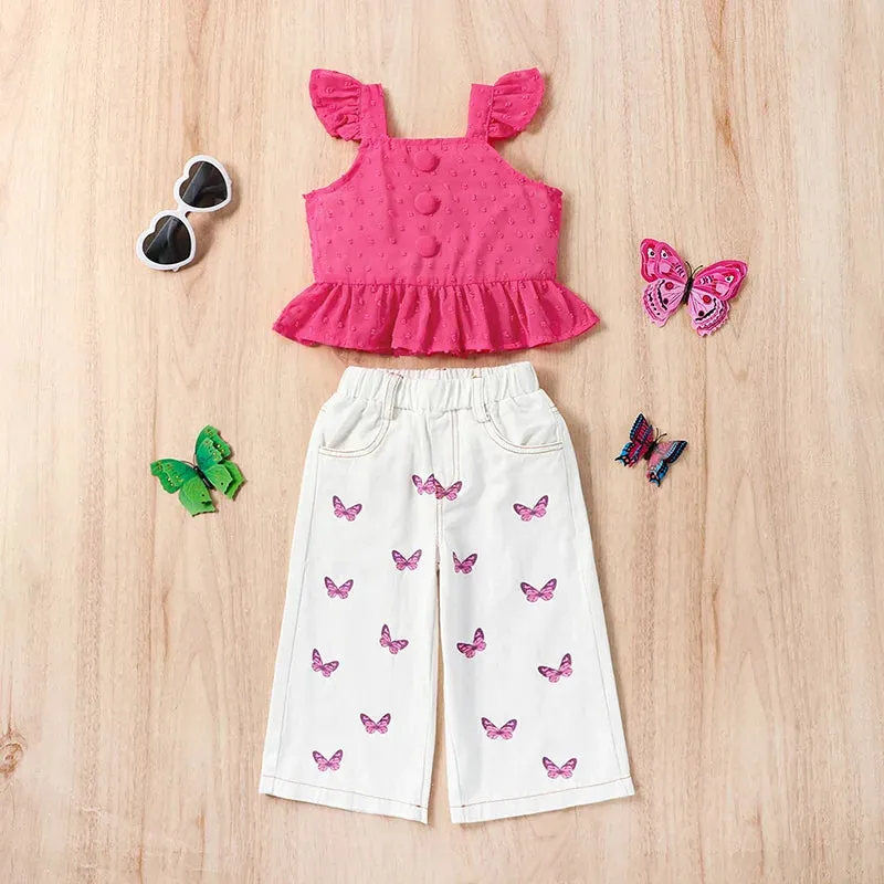 Kids Girls Button Tops and Butterfly Pants Clothing Set