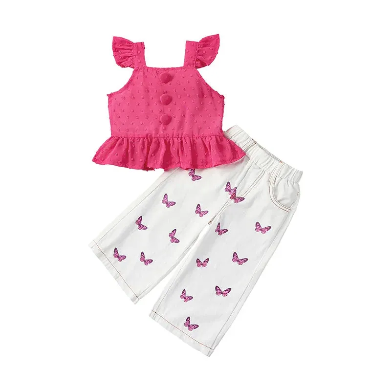 Kids Girls Button Tops and Butterfly Pants Clothing Set