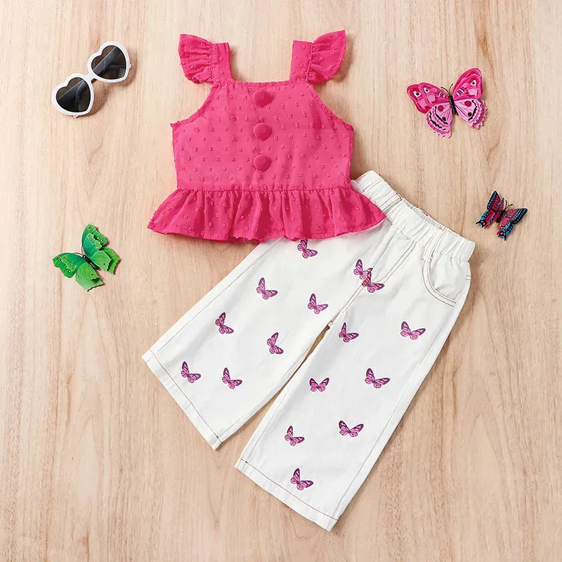 Kids Girls Button Tops and Butterfly Pants Clothing Set