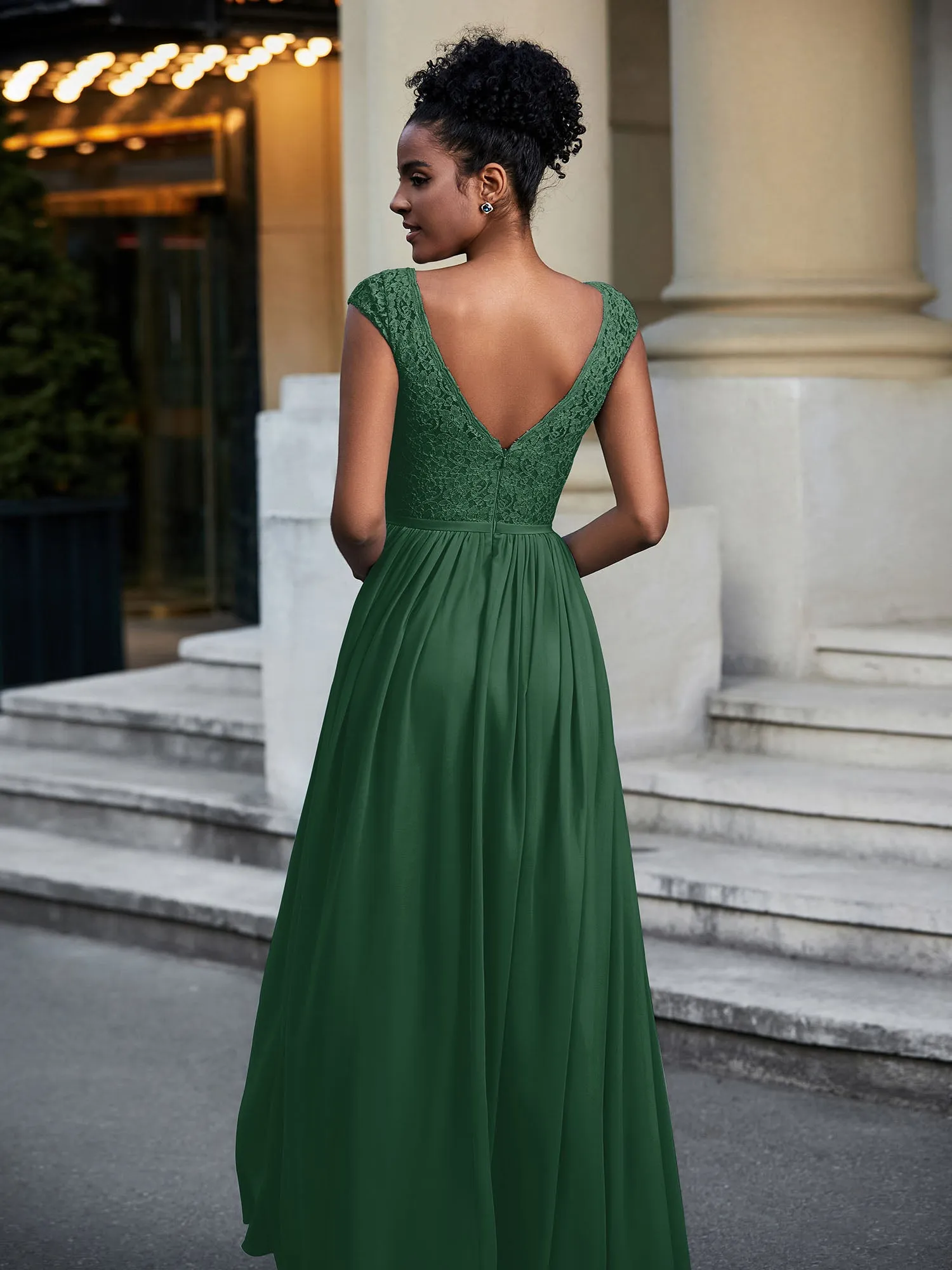 Lace and Chiffon Maxi Dress with Cap Sleeves-Dark Green Plus Size