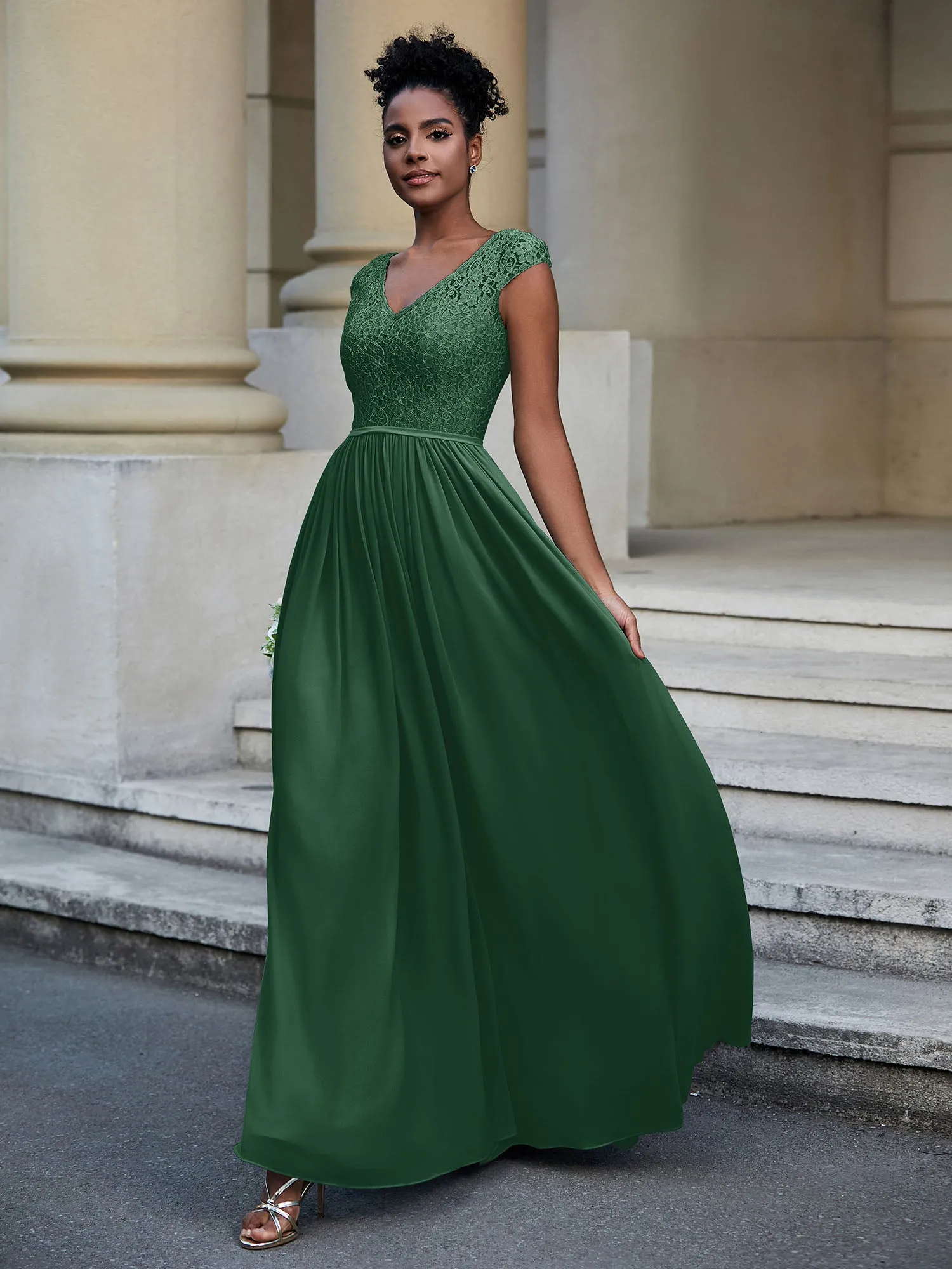 Lace and Chiffon Maxi Dress with Cap Sleeves-Dark Green Plus Size