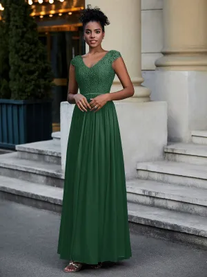 Lace and Chiffon Maxi Dress with Cap Sleeves-Dark Green Plus Size