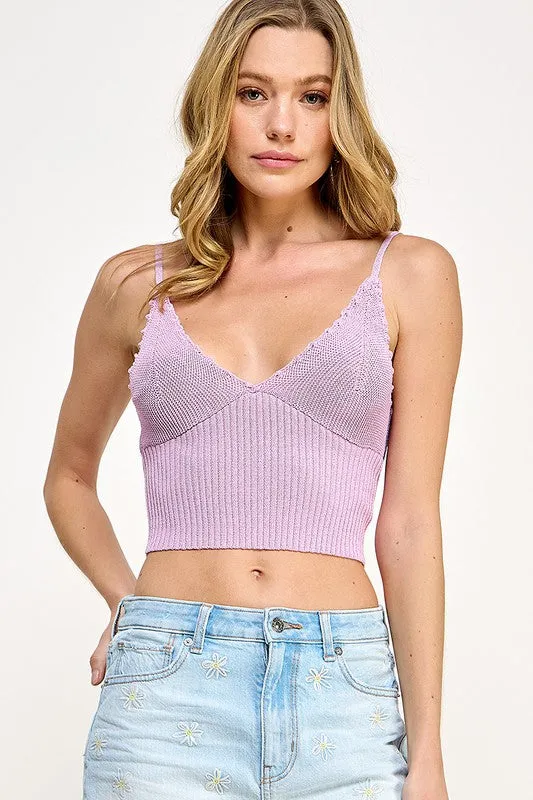 Lavender Metallic Texture Ribbed Knit Cropped Bralette