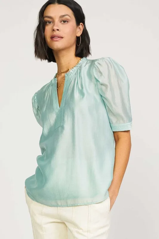Light Sage Ruffled Neck Blouse With Placket And Stitch Detail