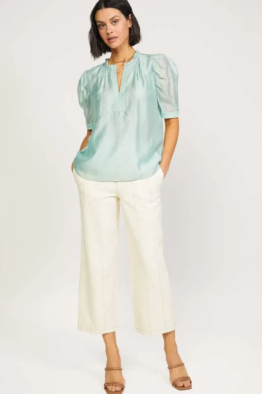 Light Sage Ruffled Neck Blouse With Placket And Stitch Detail