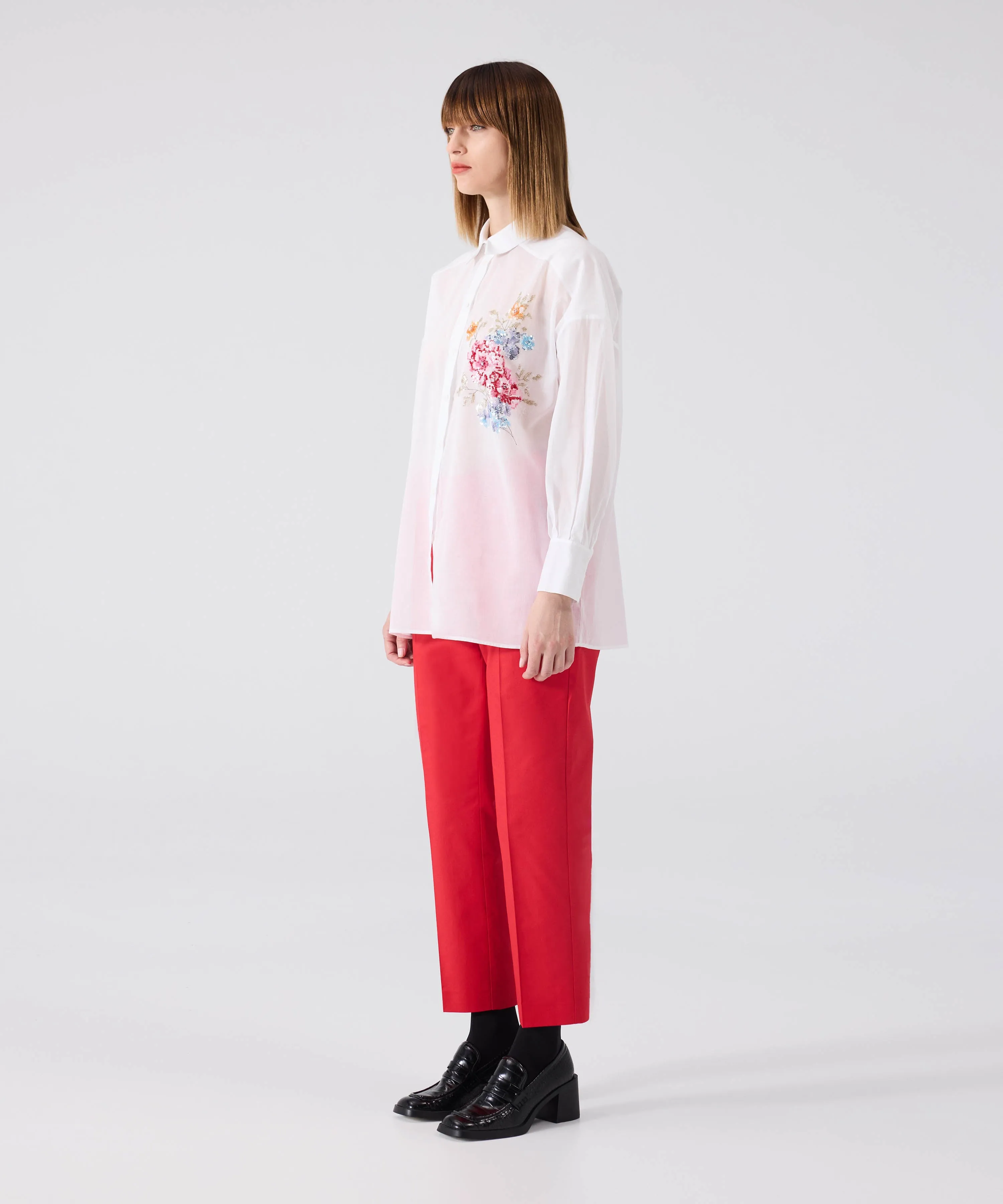 Machka Poplin Shirt With Floral Embroidery White