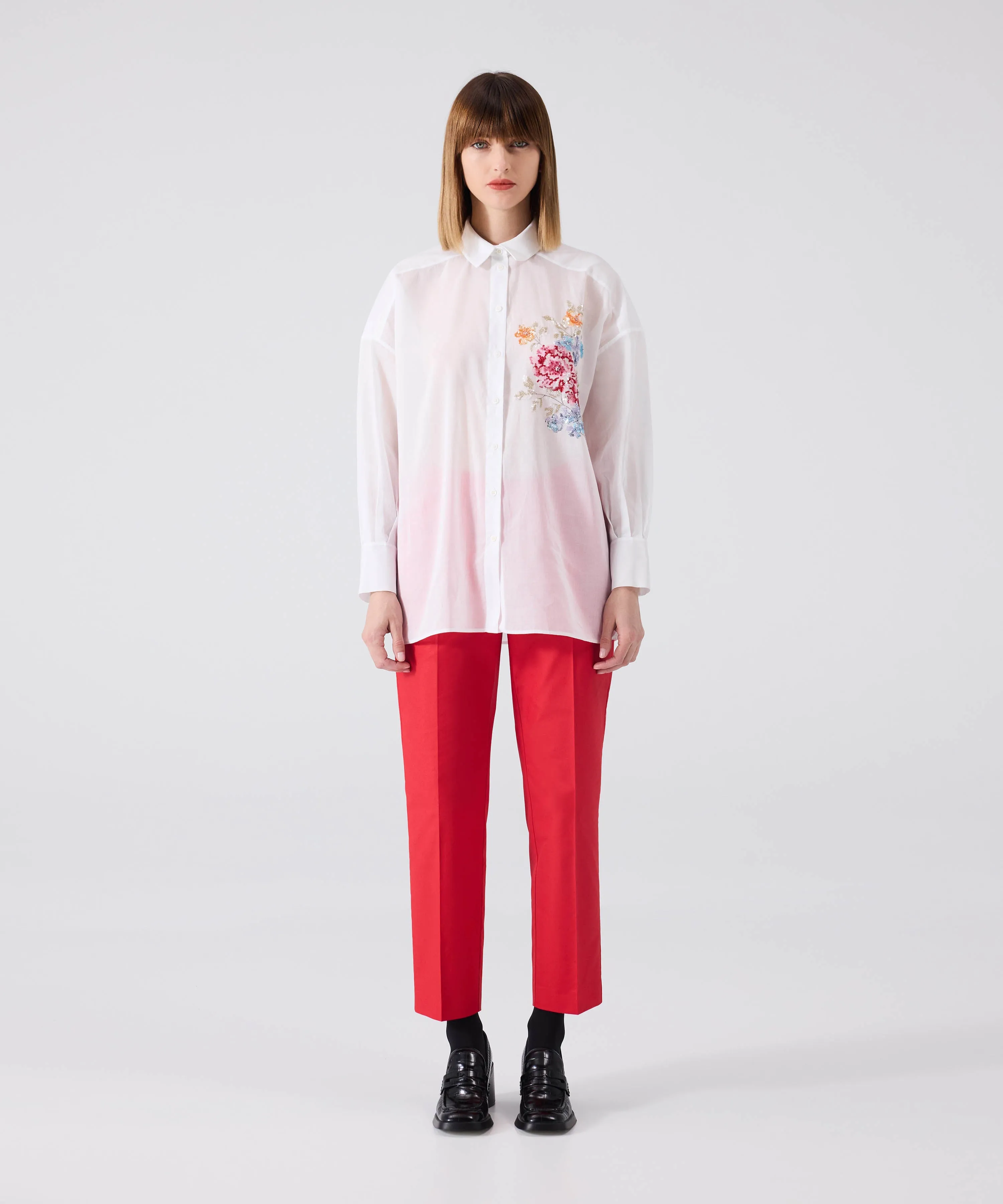 Machka Poplin Shirt With Floral Embroidery White