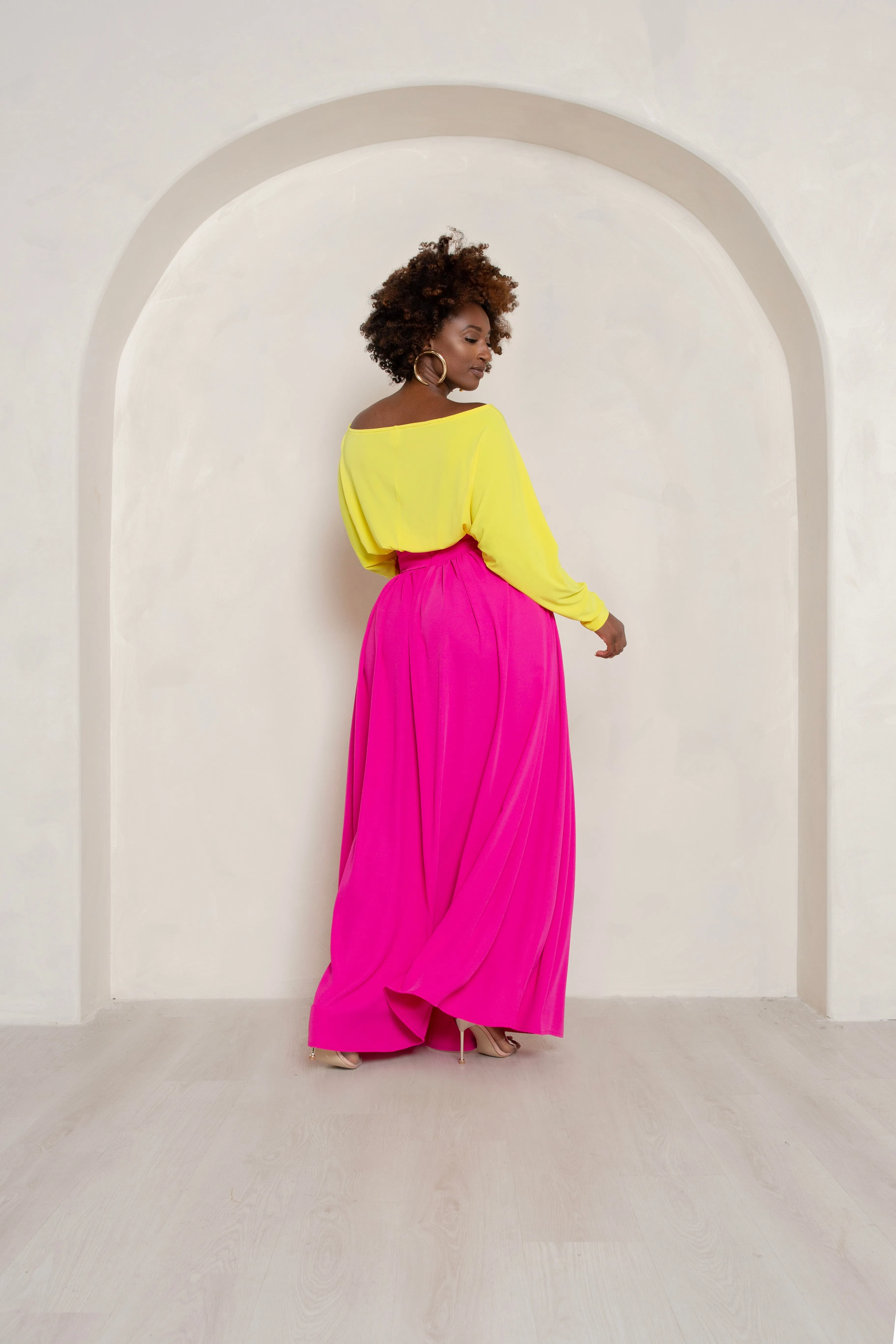 Neon Pink High Waist Belted Maxi Skirt- JIBRI