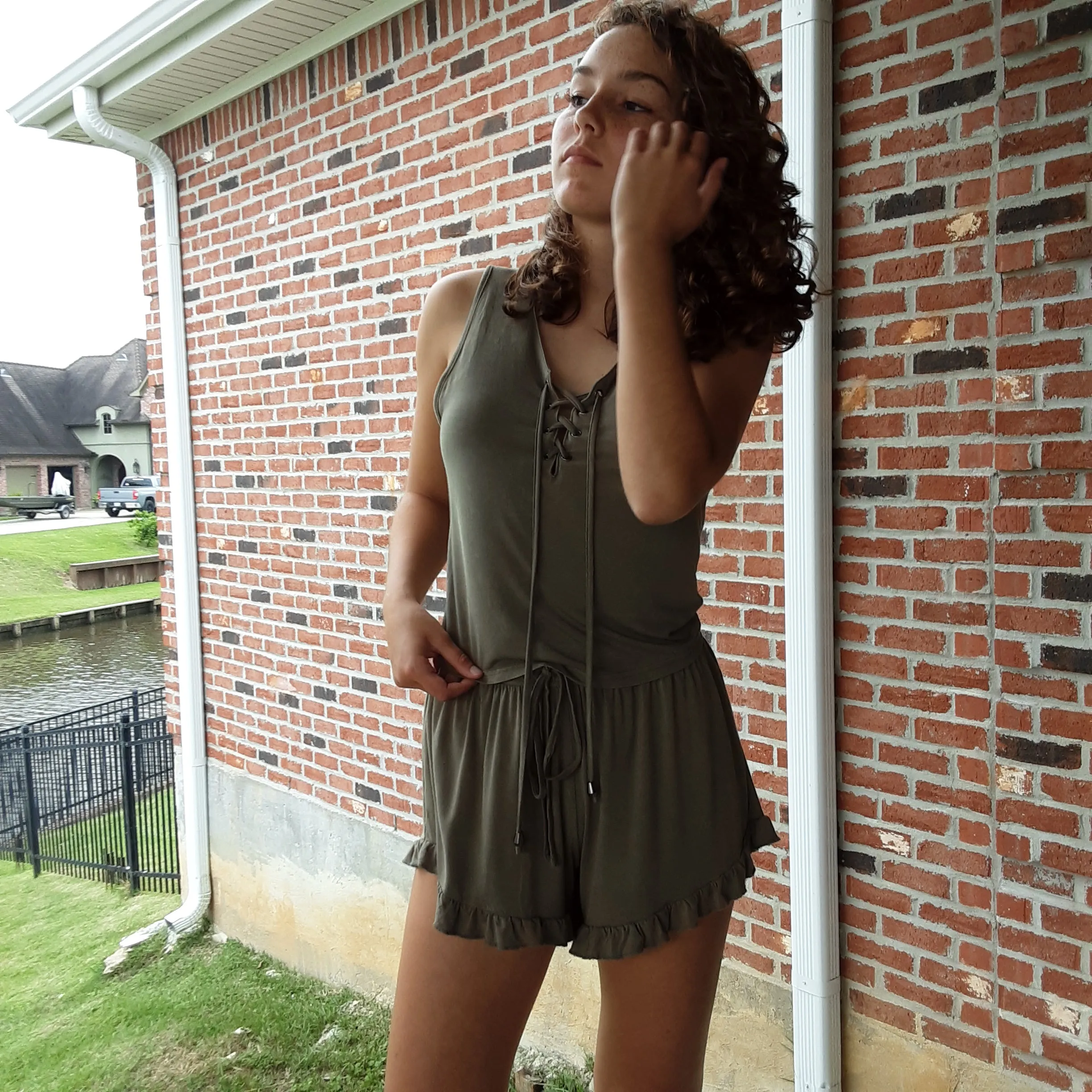 Olive Stretch Knit Ruffle Hem Shorts