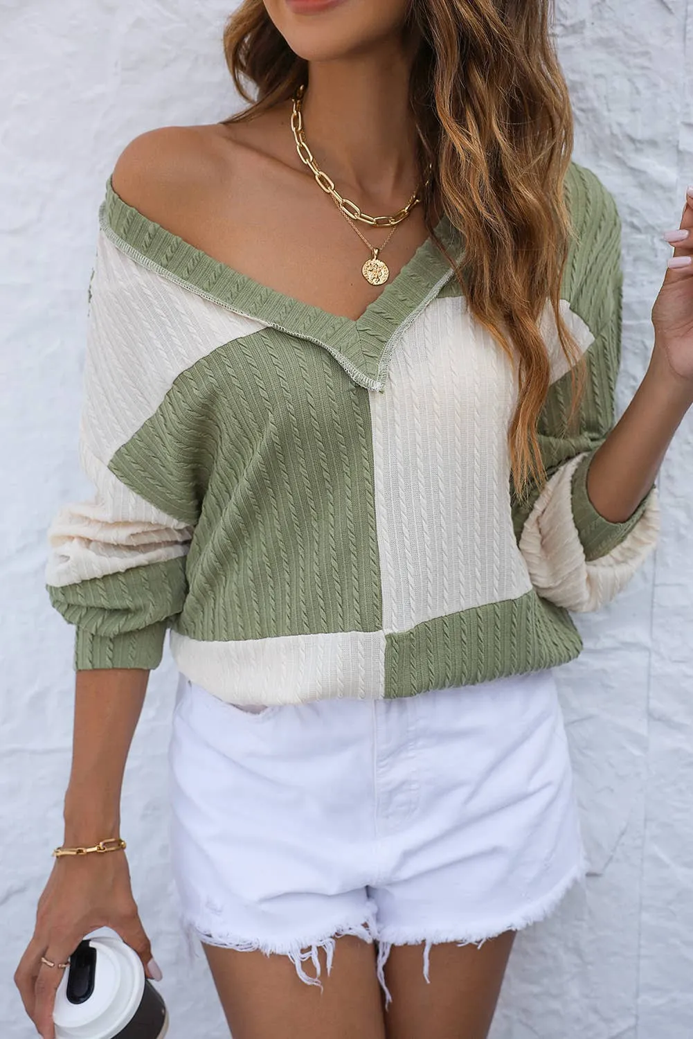Pari -  Colorblock Long Sleeve V Neck Top - Green
