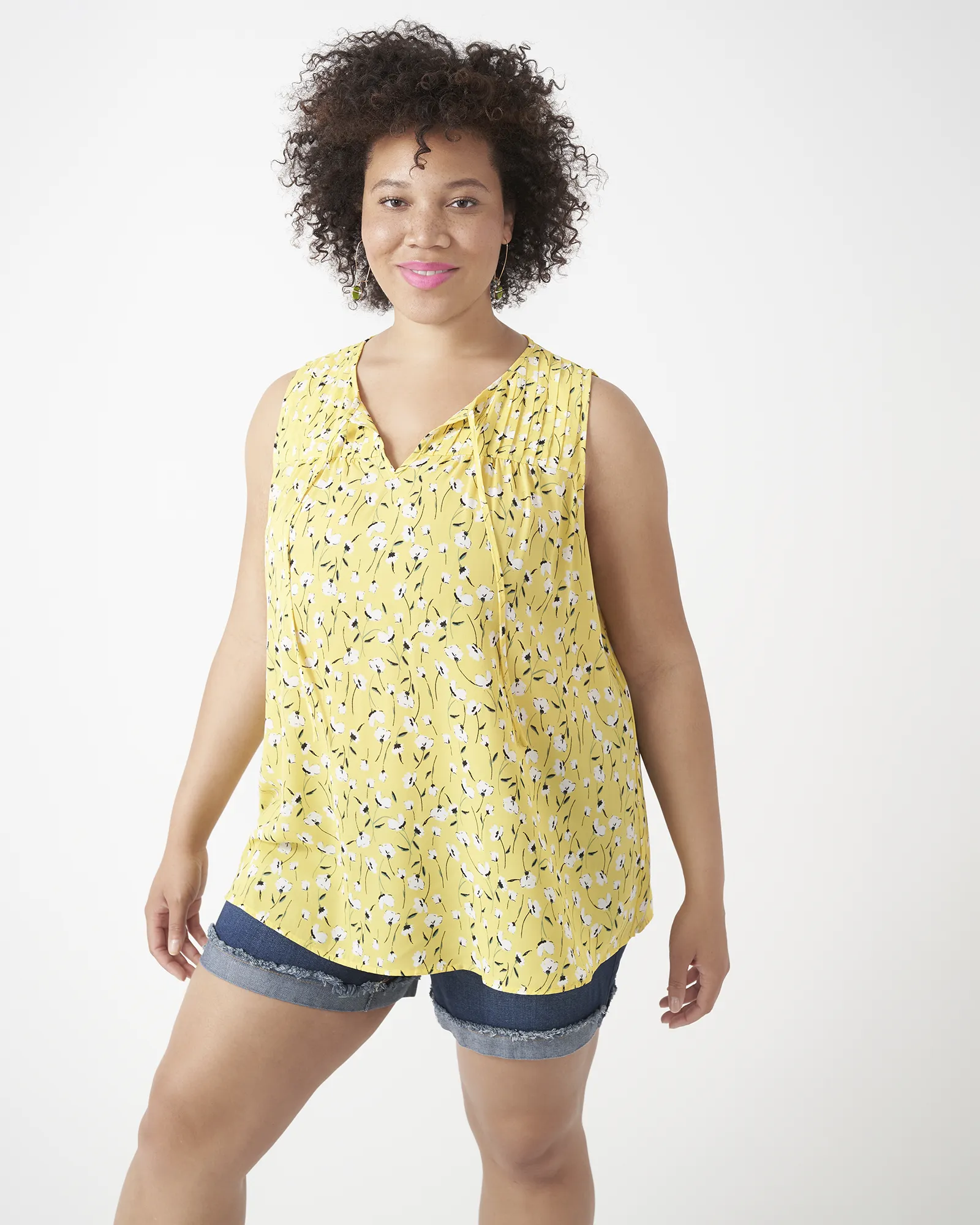 Penny Sleeveless Printed Pintucked Top | Yellow / White