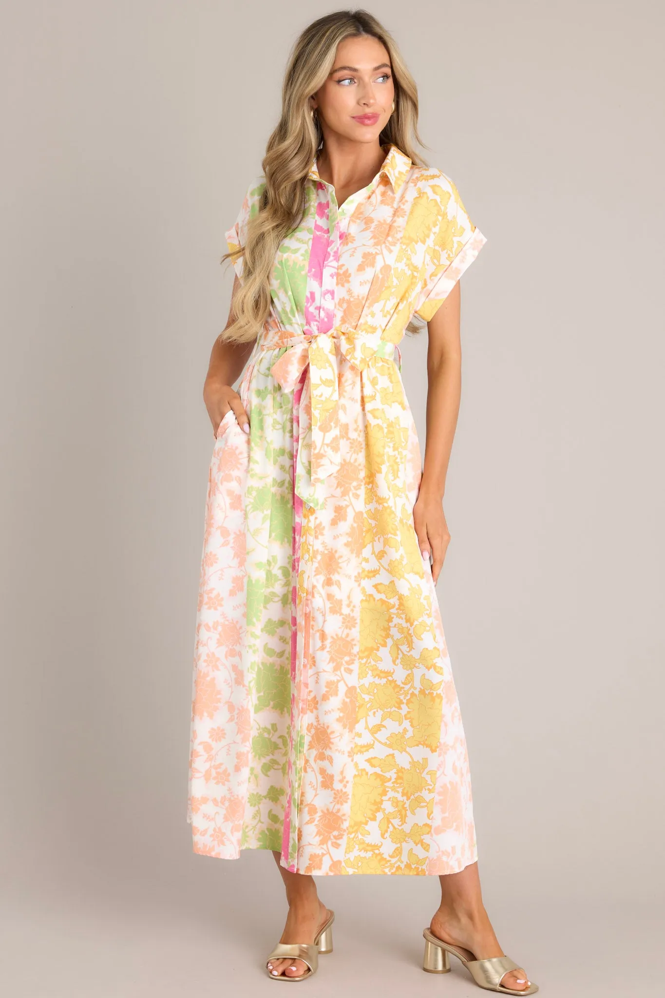 Petal Cascade Ivory Multi Floral Button Front Midi Dress