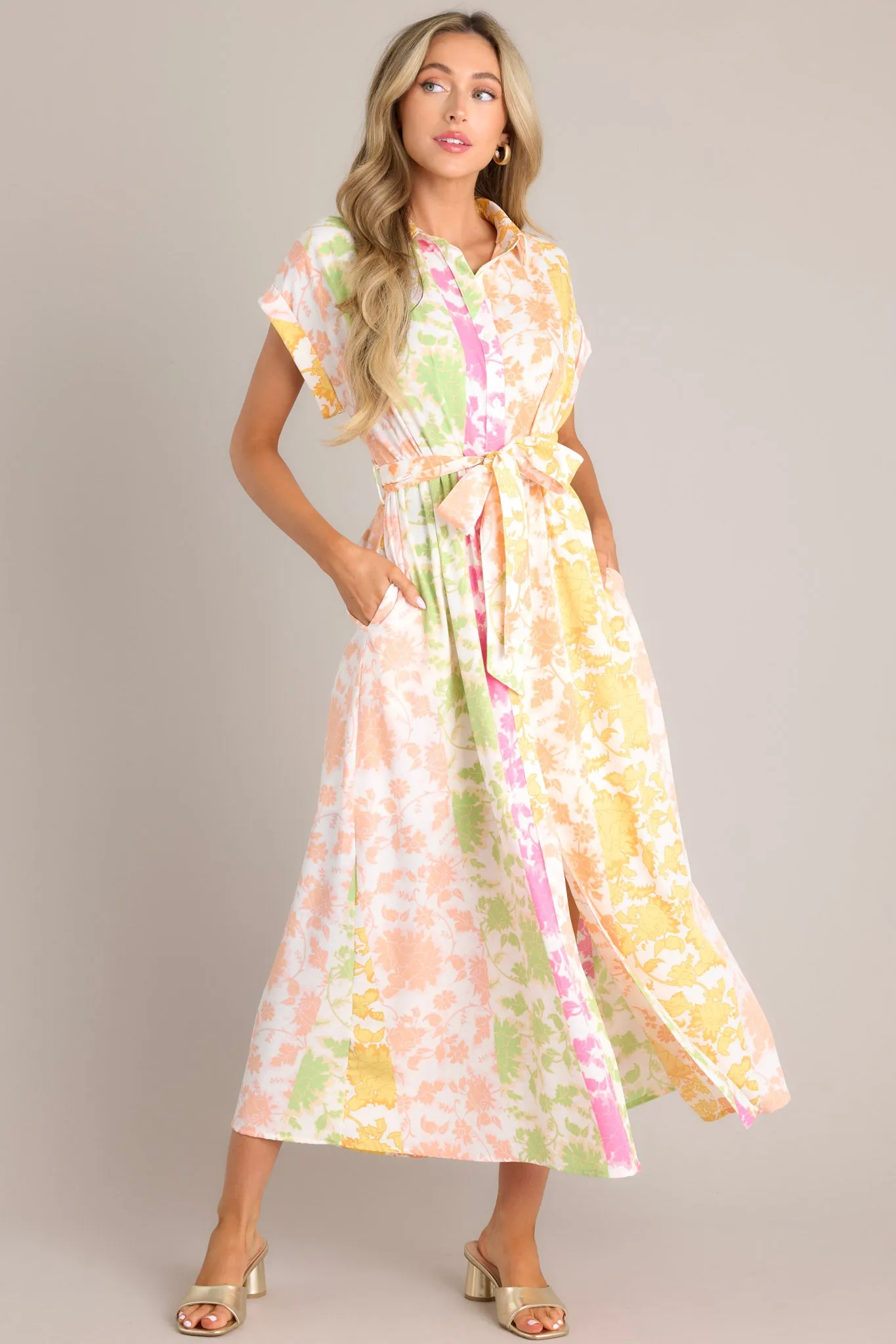 Petal Cascade Ivory Multi Floral Button Front Midi Dress