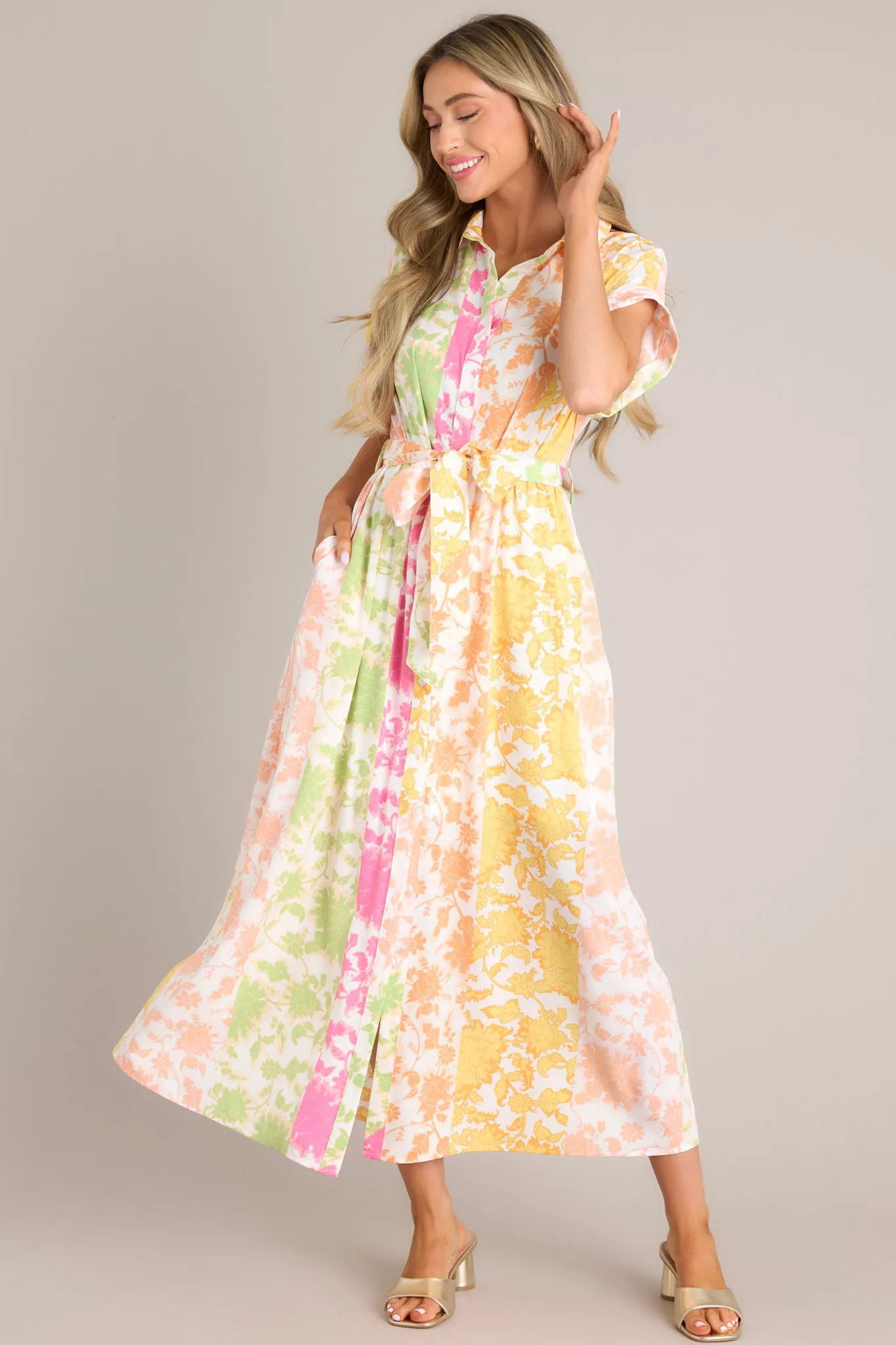Petal Cascade Ivory Multi Floral Button Front Midi Dress