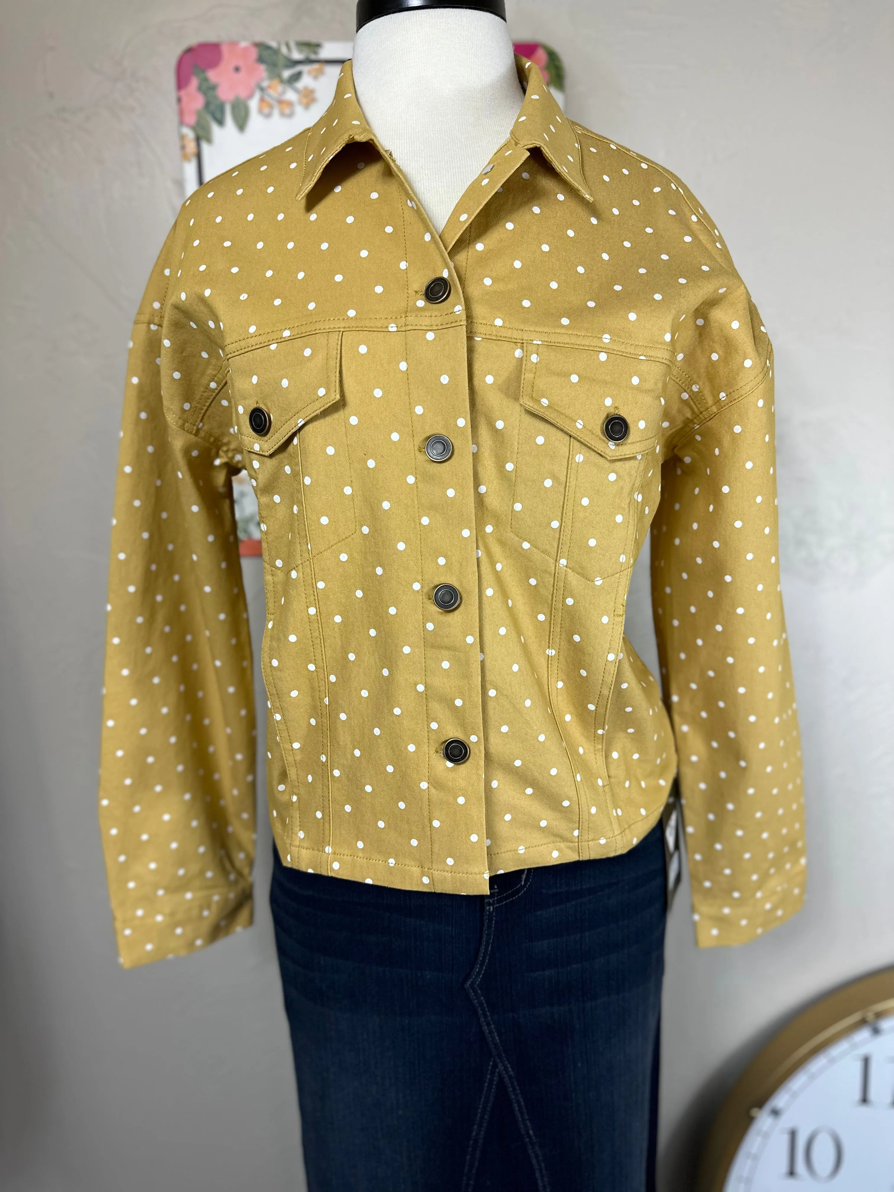 Polka Dot Twill Denim Jacket Light Mustard or Light Brown/Tan