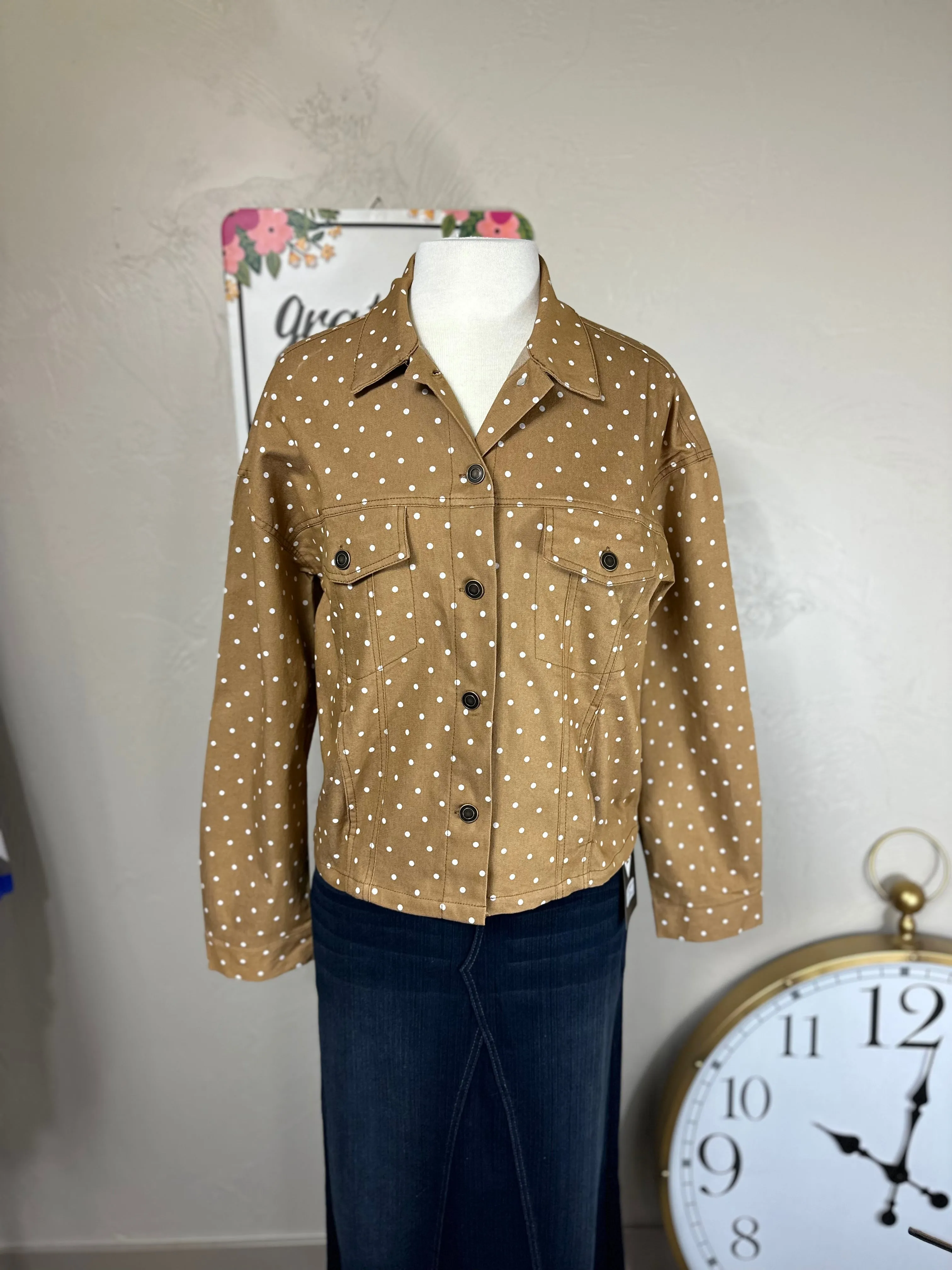 Polka Dot Twill Denim Jacket Light Mustard or Light Brown/Tan