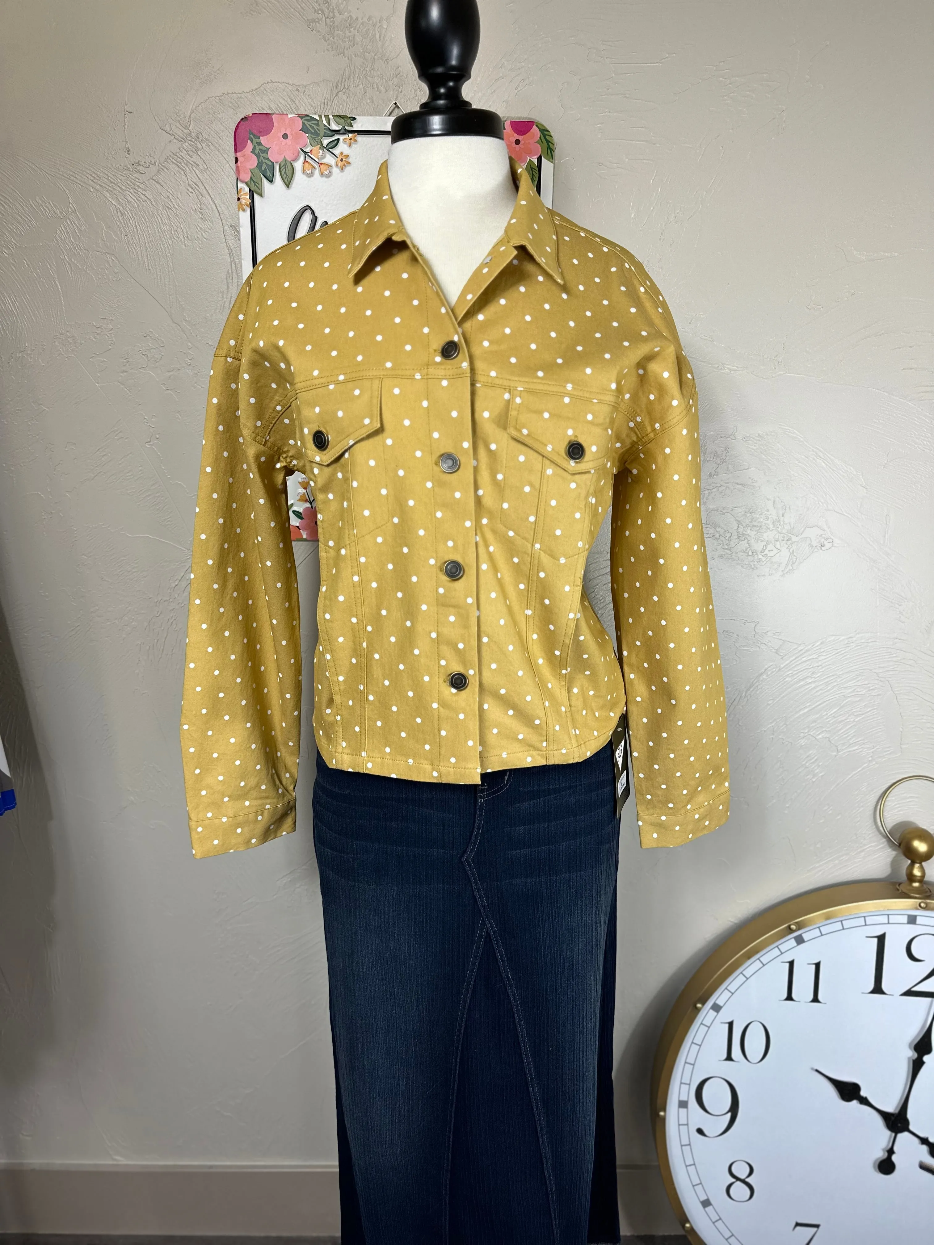 Polka Dot Twill Denim Jacket Light Mustard or Light Brown/Tan