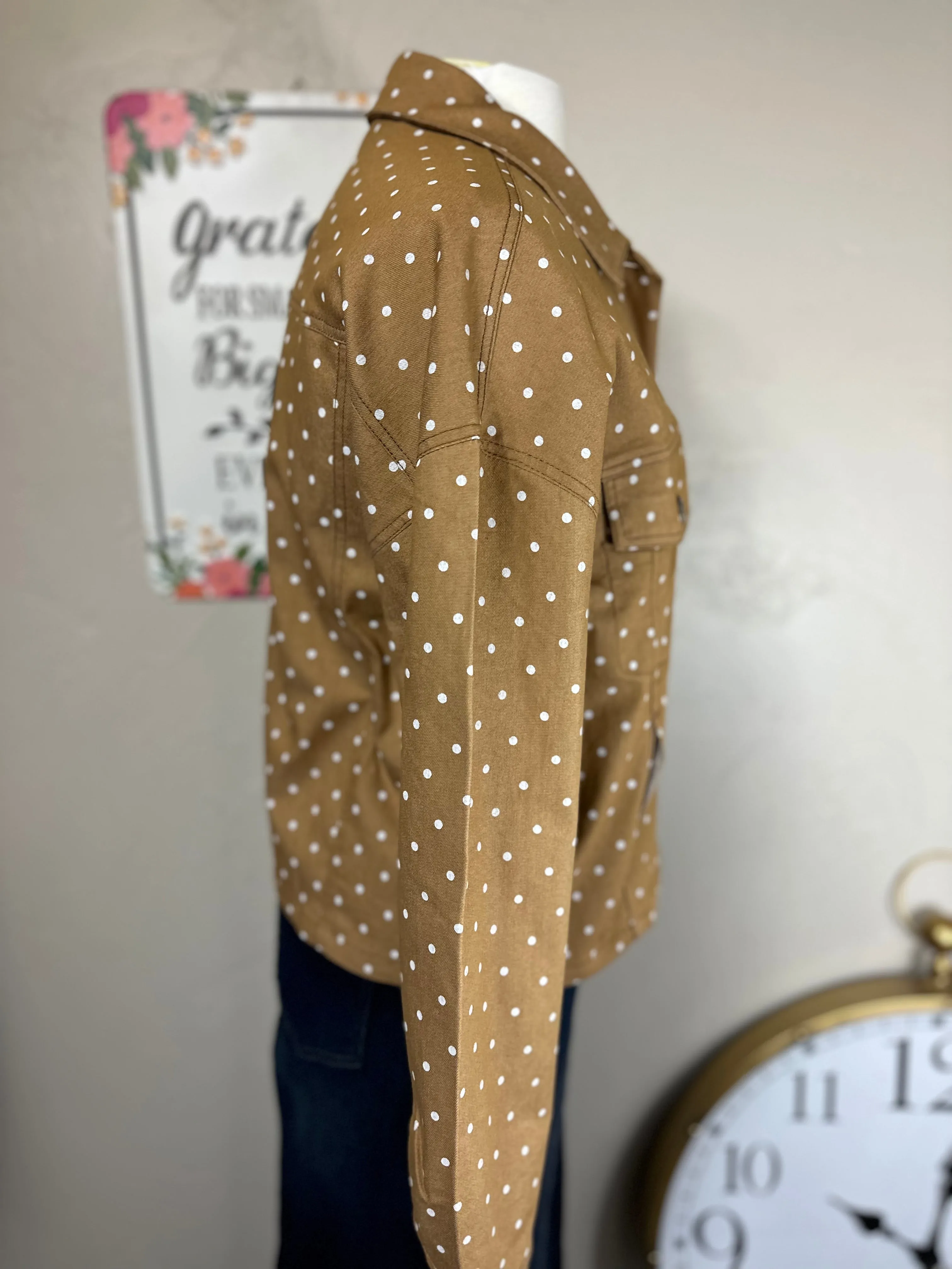 Polka Dot Twill Denim Jacket Light Mustard or Light Brown/Tan