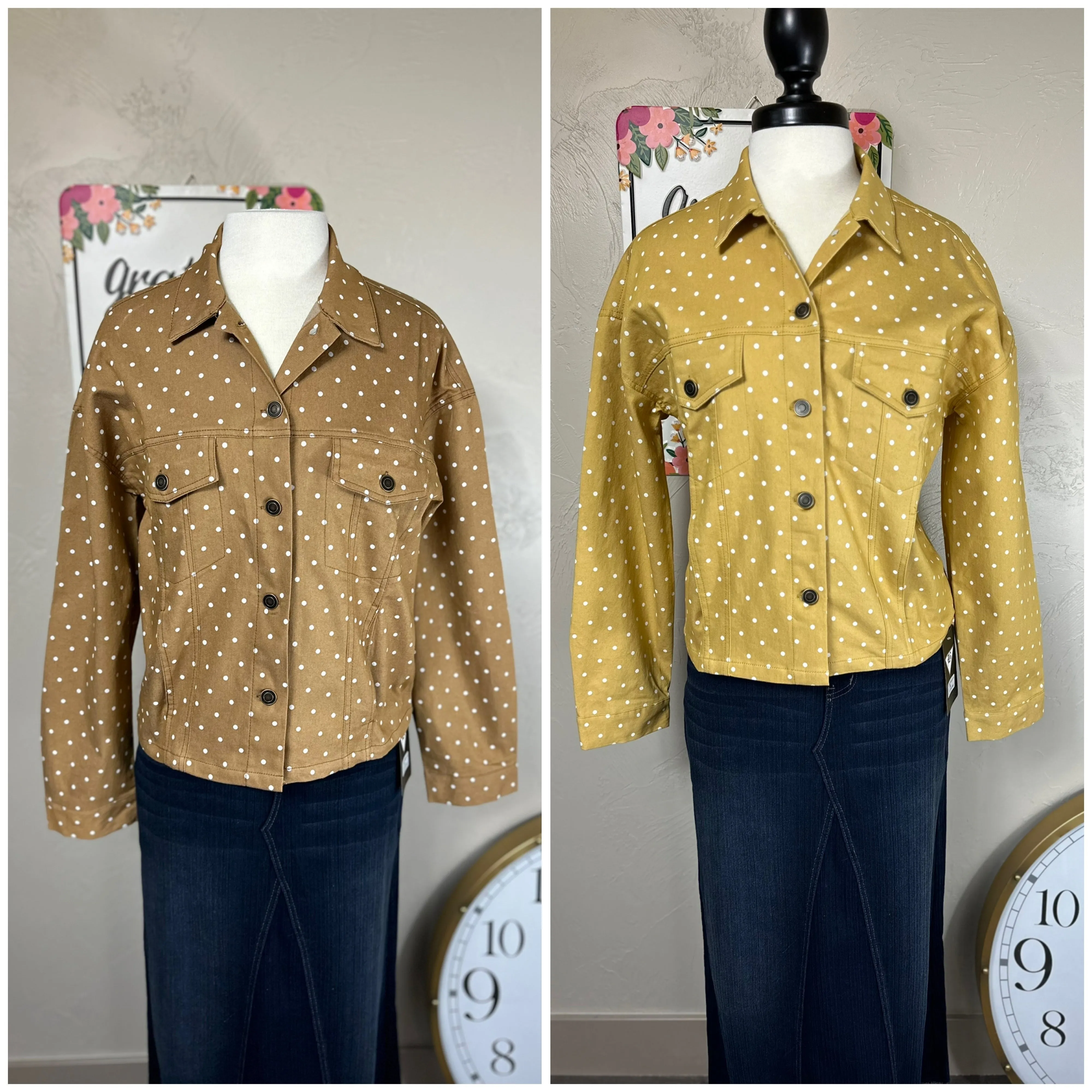 Polka Dot Twill Denim Jacket Light Mustard or Light Brown/Tan