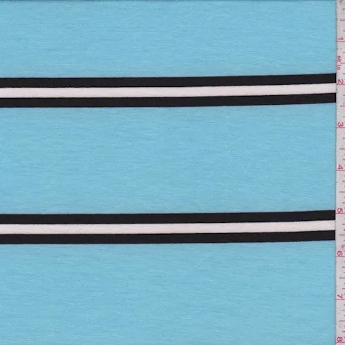 Powder Blue/Black Stripe Double Brushed French Terry Knit Fabric
