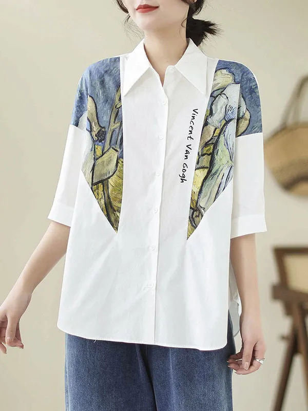 Printed Half Sleeves Loose Lapel Blouses&shirts Tops