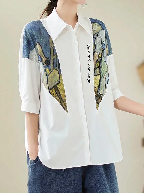 Printed Half Sleeves Loose Lapel Blouses&shirts Tops