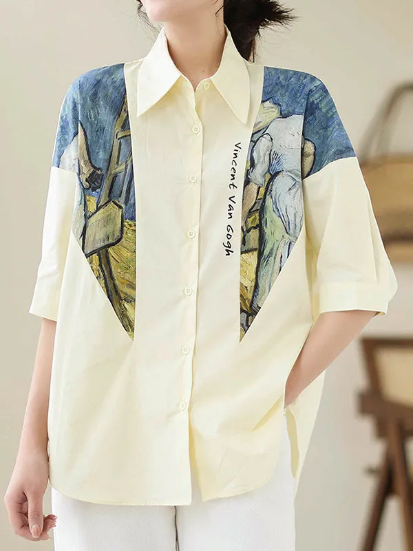 Printed Half Sleeves Loose Lapel Blouses&shirts Tops