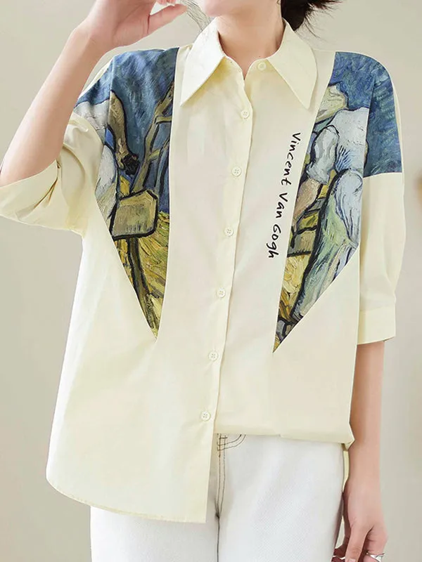 Printed Half Sleeves Loose Lapel Blouses&shirts Tops