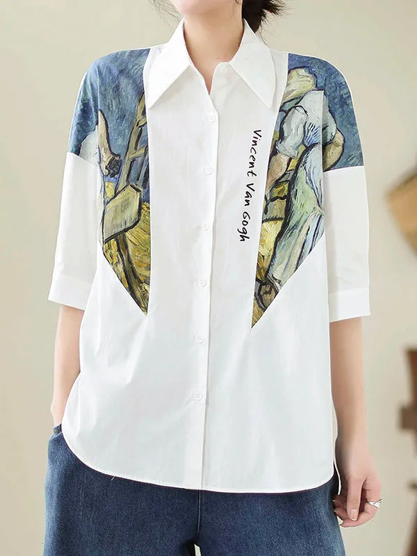 Printed Half Sleeves Loose Lapel Blouses&shirts Tops