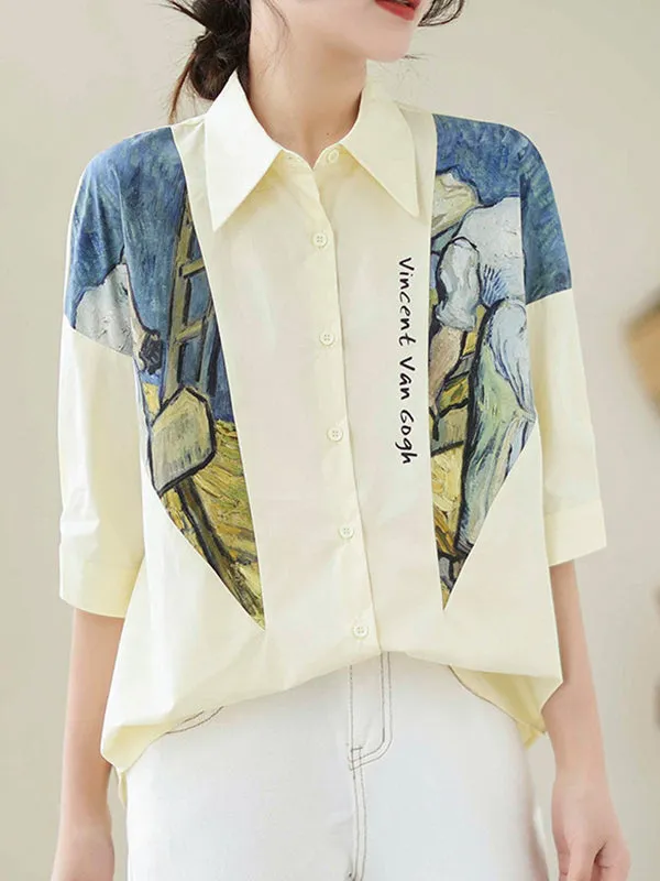 Printed Half Sleeves Loose Lapel Blouses&shirts Tops