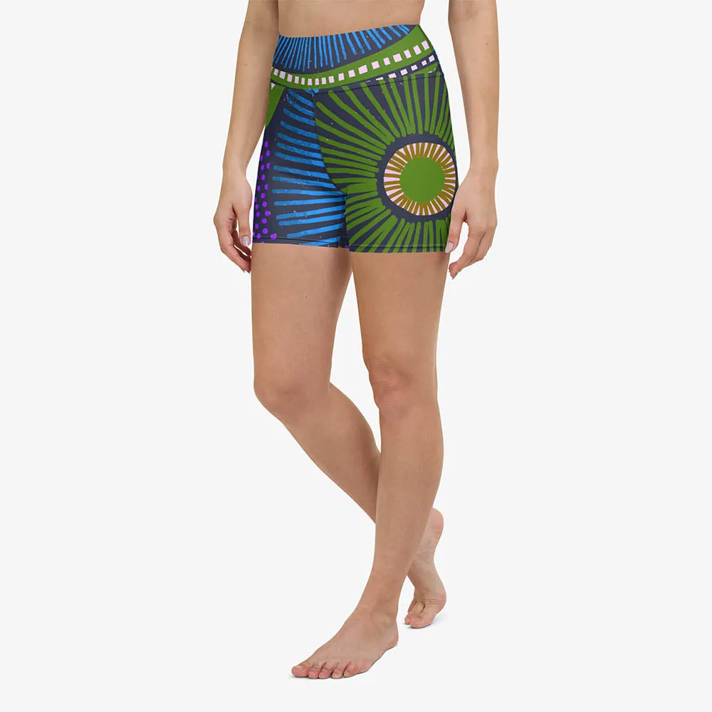 Printed Yoga Shorts "Ethno Pop" Blue/Green