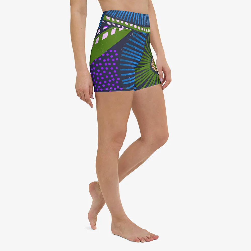 Printed Yoga Shorts "Ethno Pop" Blue/Green