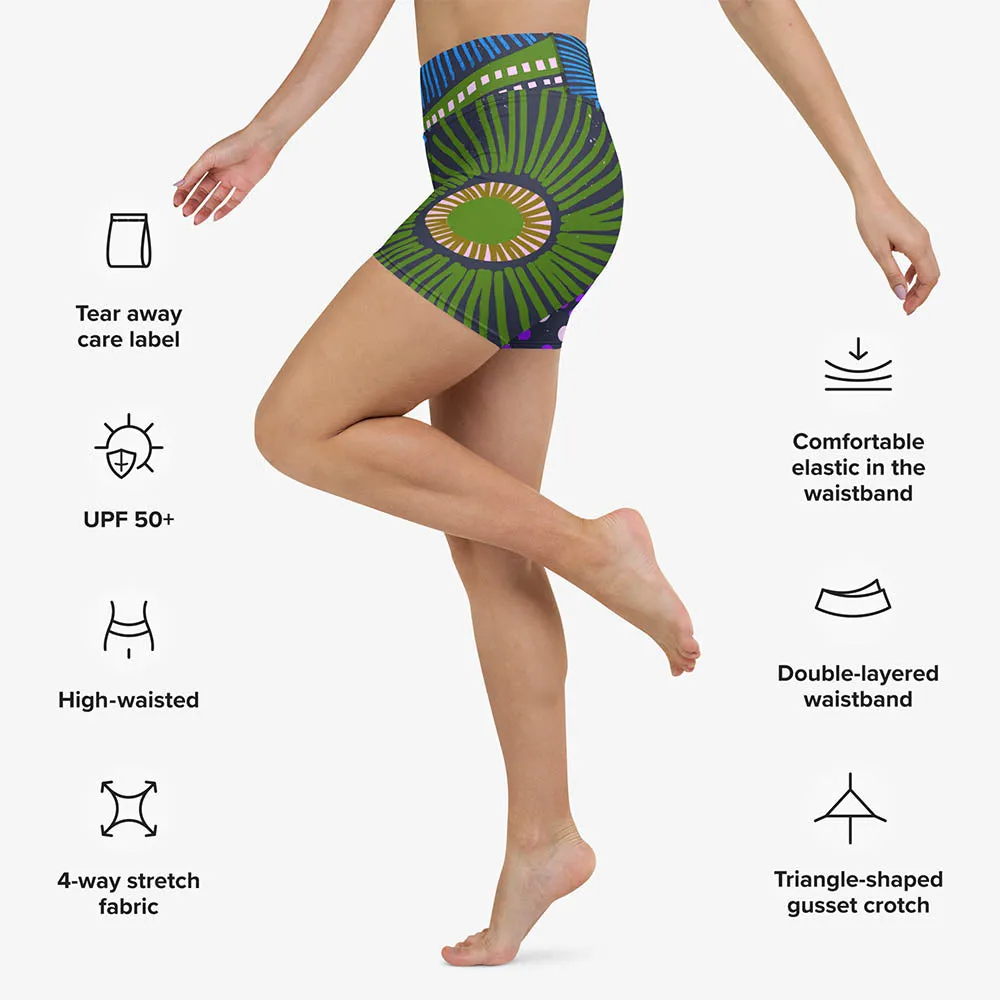 Printed Yoga Shorts "Ethno Pop" Blue/Green