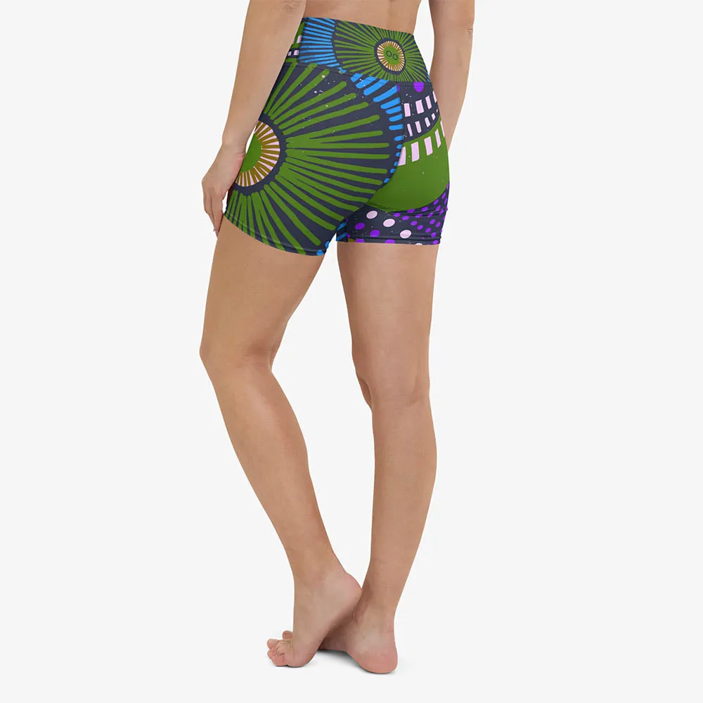 Printed Yoga Shorts "Ethno Pop" Blue/Green