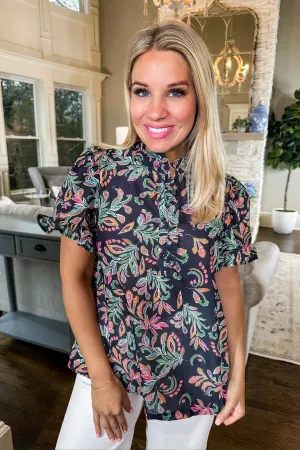 Ruffle Half Button Down Botanical Paisley Print Top in Black