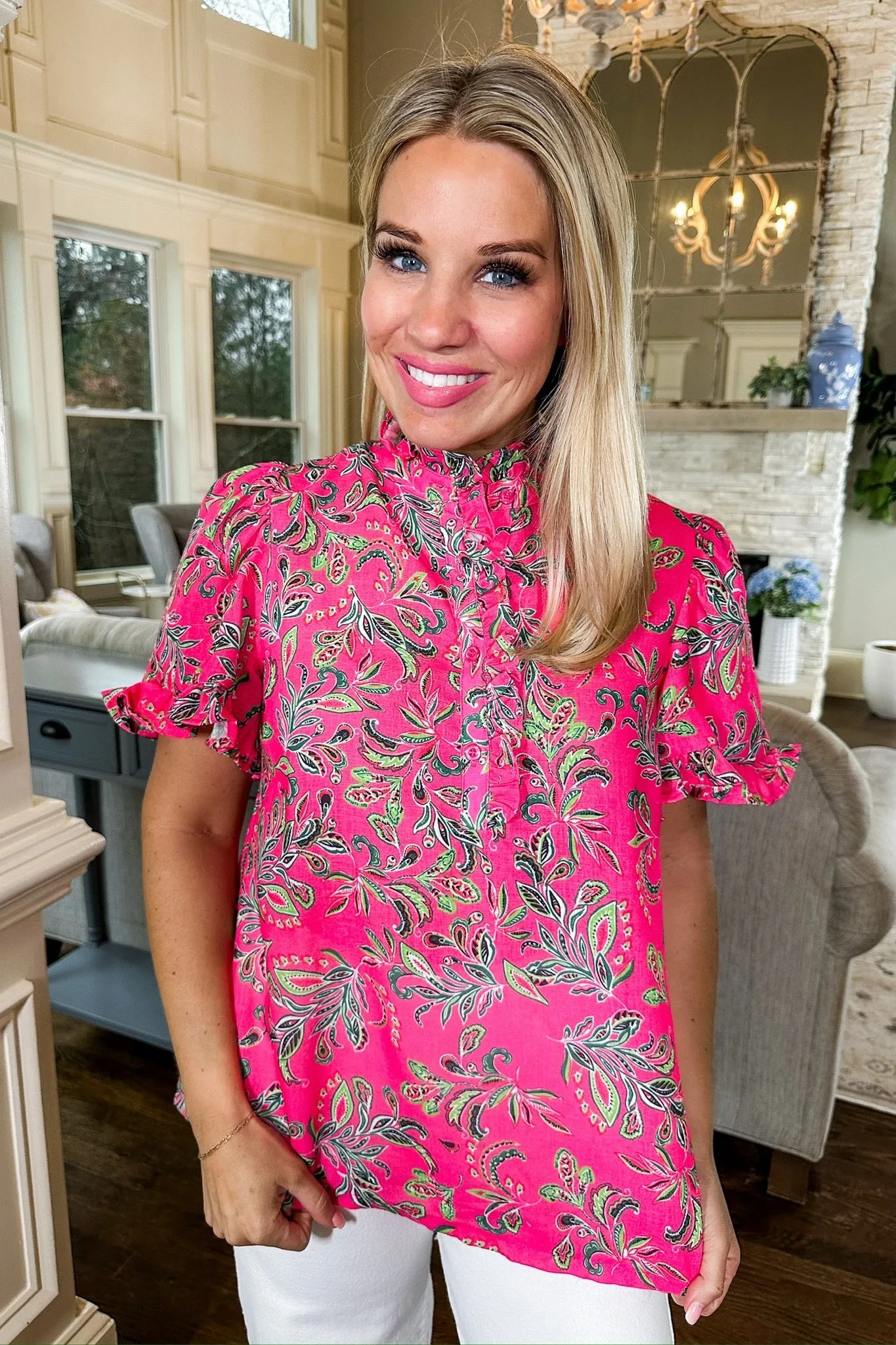Ruffle Half Button Down Botanical Paisley Print Top in Hot Pink