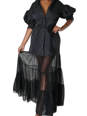 Solid Color Women's Casual Short Sleeves Tulle Dress