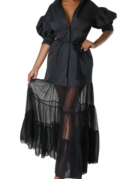 Solid Color Women's Casual Short Sleeves Tulle Dress