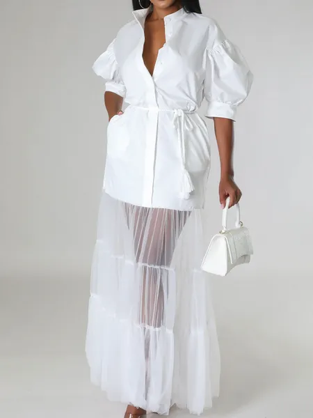 Solid Color Women's Casual Short Sleeves Tulle Dress