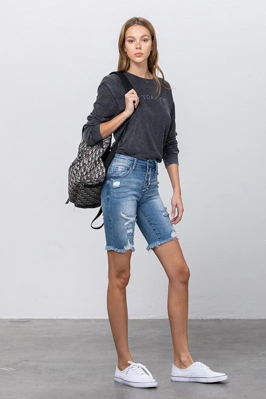 The Sandbar High Rise Skinny Denim Midi Shorts