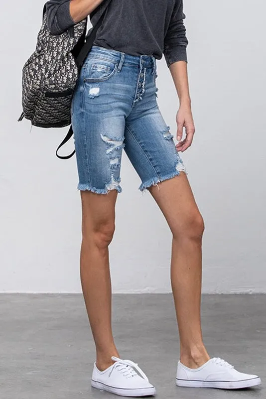 The Sandbar High Rise Skinny Denim Midi Shorts