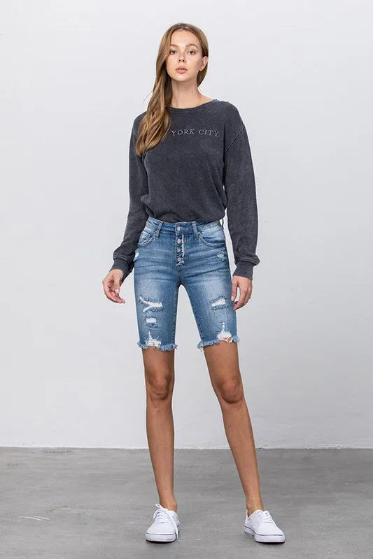 The Sandbar High Rise Skinny Denim Midi Shorts