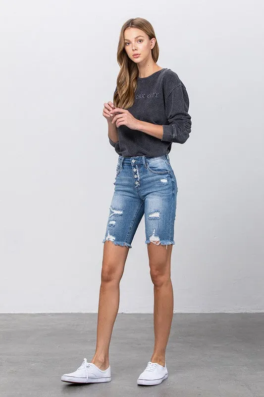 The Sandbar High Rise Skinny Denim Midi Shorts
